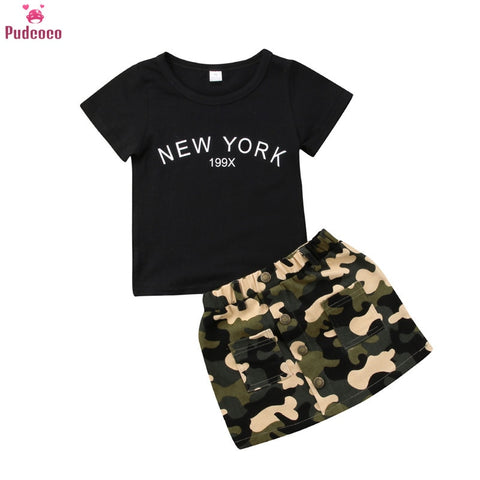 Summer 2 Pieces Toddler Kids Clothes Set Baby Girl Outfits Black Short Sleeve T Shirt and Camouflage Skirts 2pc Sets