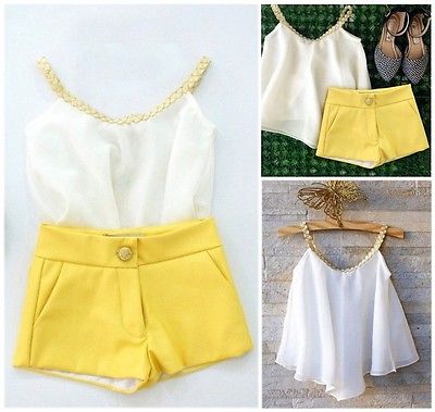 2020 Summer Hot sale Girls Baby Kids Clothes Chiffon Top Shirt+ Yellow Pants Shorts Outfits set