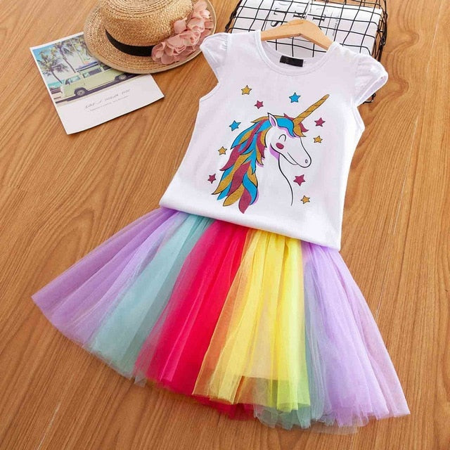 Vgiee Unicorn Girls Dress 2pc Clothes Set Baby Toddler Outfits Summer T- Shirt Children Kid Dresses for Girl 3 Years Party Dress