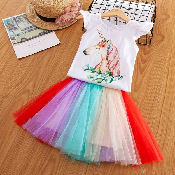 Vgiee Unicorn Girls Dress 2pc Clothes Set Baby Toddler Outfits Summer T- Shirt Children Kid Dresses for Girl 3 Years Party Dress