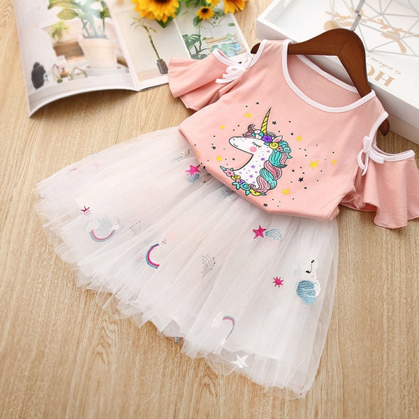 Vgiee Unicorn Girls Dress 2pc Clothes Set Baby Toddler Outfits Summer T- Shirt Children Kid Dresses for Girl 3 Years Party Dress