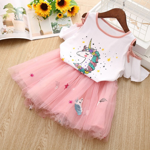 Vgiee Unicorn Girls Dress 2pc Clothes Set Baby Toddler Outfits Summer T- Shirt Children Kid Dresses for Girl 3 Years Party Dress