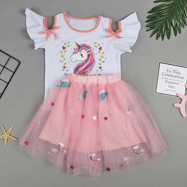 Vgiee Unicorn Girls Dress 2pc Clothes Set Baby Toddler Outfits Summer T- Shirt Children Kid Dresses for Girl 3 Years Party Dress