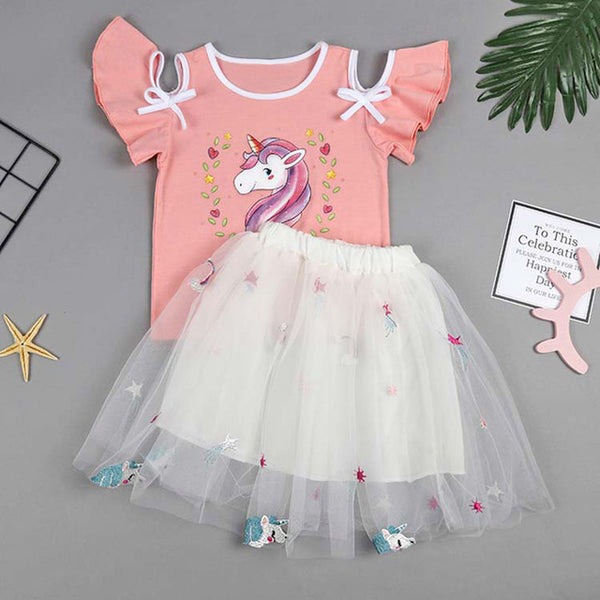 Vgiee Unicorn Girls Dress 2pc Clothes Set Baby Toddler Outfits Summer T- Shirt Children Kid Dresses for Girl 3 Years Party Dress