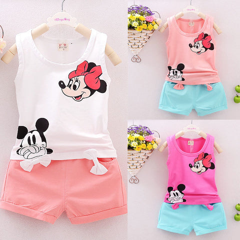 Cute Princess Lovely Summer Sets 2PCS Toddler Baby Girls Sleeveless O-Neck Pullover Cartoon Print Vest Tops Solid Shorts 4 Style