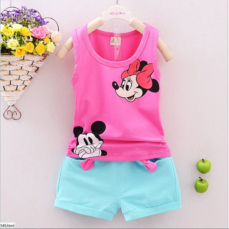 Cute Princess Lovely Summer Sets 2PCS Toddler Baby Girls Sleeveless O-Neck Pullover Cartoon Print Vest Tops Solid Shorts 4 Style