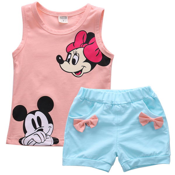 Cute Princess Lovely Summer Sets 2PCS Toddler Baby Girls Sleeveless O-Neck Pullover Cartoon Print Vest Tops Solid Shorts 4 Style