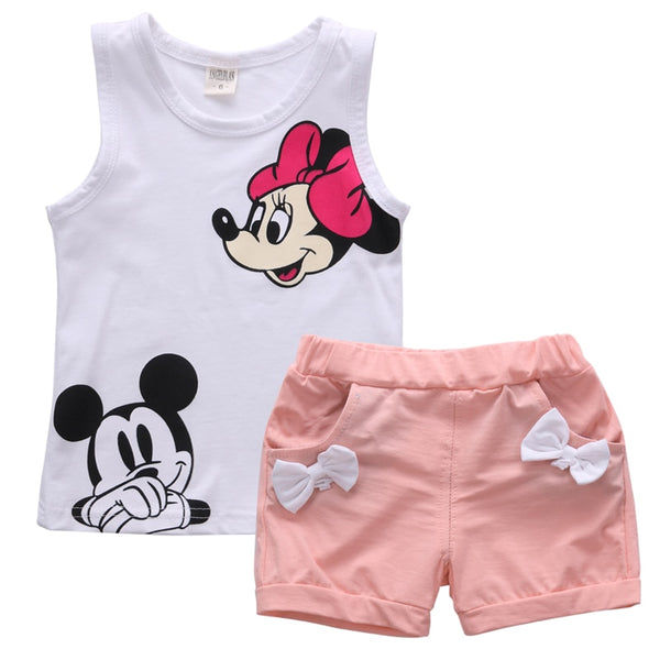 Cute Princess Lovely Summer Sets 2PCS Toddler Baby Girls Sleeveless O-Neck Pullover Cartoon Print Vest Tops Solid Shorts 4 Style