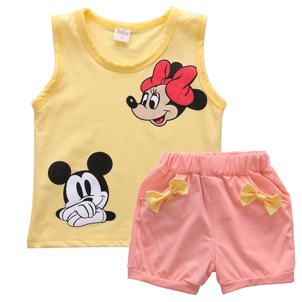 Cute Princess Lovely Summer Sets 2PCS Toddler Baby Girls Sleeveless O-Neck Pullover Cartoon Print Vest Tops Solid Shorts 4 Style