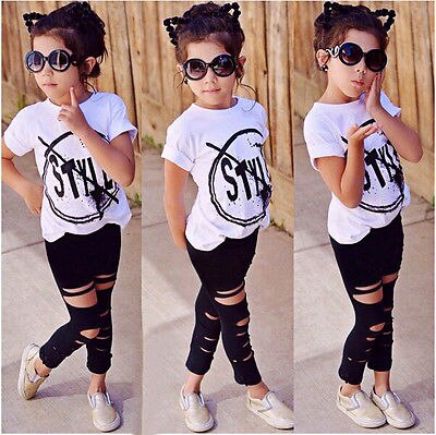 Two Pieces Kids Children Girls Clothes Set Baby Girl Summer Print T Shirt and Hole Pants Leggings Outfits Clothing