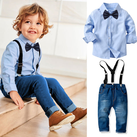 Kid Boy Clothes Set  Cool 2PCS Blue Shirt+ Jean Pant Suit Outfit Age 2T-7 Bib Overall Long Sleeve Children Clothing Autumn set