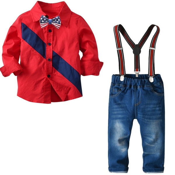Kid Boy Clothes Set  Cool 2PCS Blue Shirt+ Jean Pant Suit Outfit Age 2T-7 Bib Overall Long Sleeve Children Clothing Autumn set