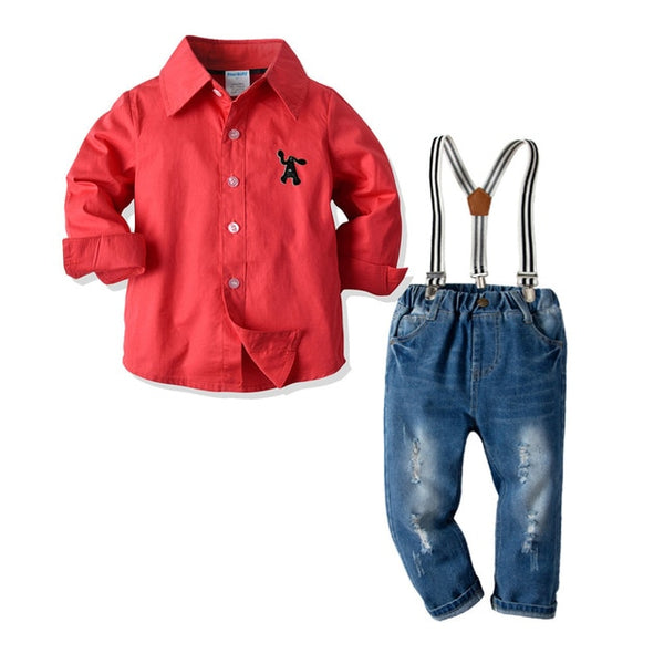 Kid Boy Clothes Set  Cool 2PCS Blue Shirt+ Jean Pant Suit Outfit Age 2T-7 Bib Overall Long Sleeve Children Clothing Autumn set