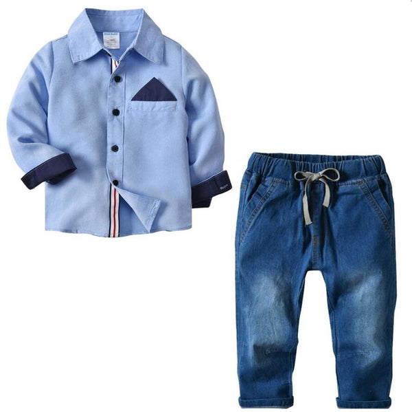 Kid Boy Clothes Set  Cool 2PCS Blue Shirt+ Jean Pant Suit Outfit Age 2T-7 Bib Overall Long Sleeve Children Clothing Autumn set