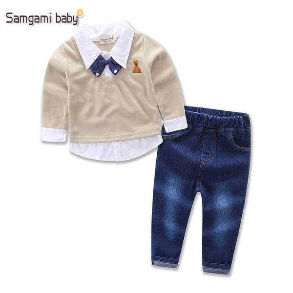 Kid Boy Clothes Set  Cool 2PCS Blue Shirt+ Jean Pant Suit Outfit Age 2T-7 Bib Overall Long Sleeve Children Clothing Autumn set