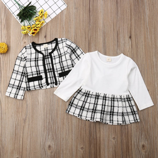 2Pcs Autumn Winter Party Kids Clothes For Baby Girl Fashion Pageant Plaid Coat Tutu Dress Outfits Suit Toddler Girl Clothing Set