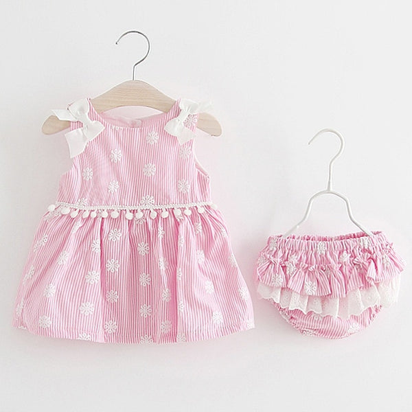 New Newborn Baby Girls Clothes Sleeveless Dress+Briefs 2PCS Outfits Set Striped Printed Cute Clothing Sets Summer Sunsuit 0-24M